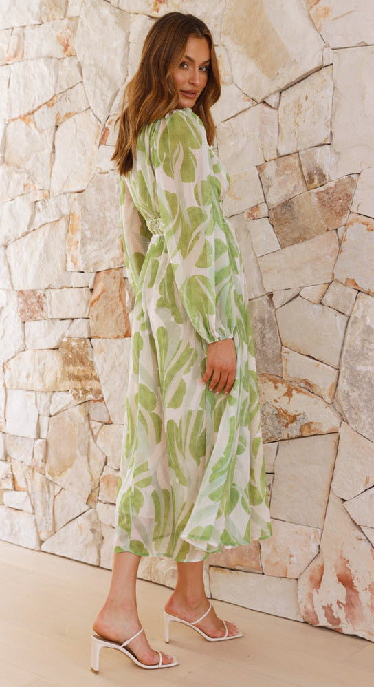 Deep V-Neck Long Bishop Sleeve Smocked Empire Waist Botanical Print Midi Dress