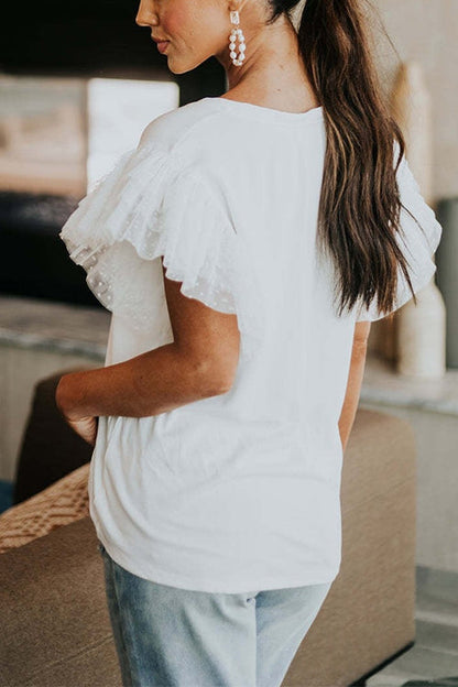 Round Neck Polka Dot Ruffle Short Sleeves Top