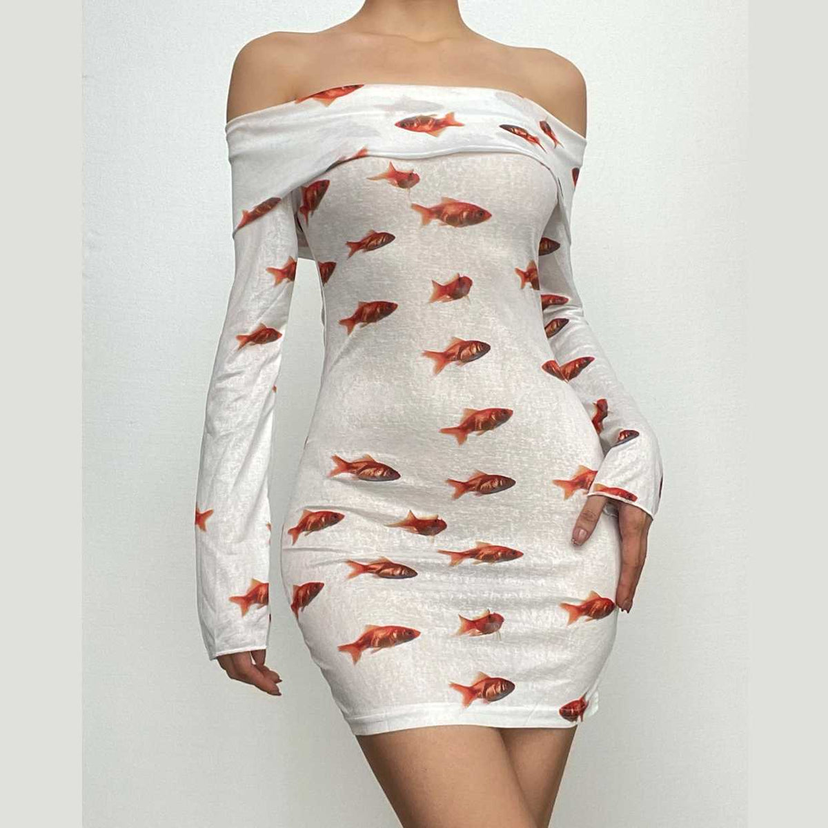 Off Shoulder Foldover Collar Goldfish Print Long Sleeve Bodycon Mini Dress