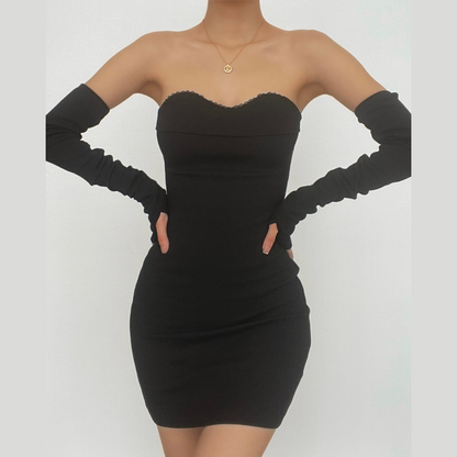 Sweetheart Lace Trim Strapless Rib Knit Gloves Mini Dress