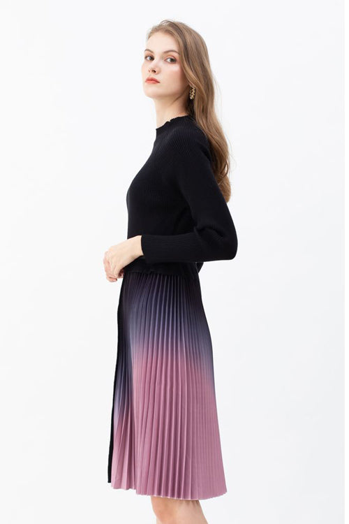 Turtleneck Long Sleeve Ombre Pleated Midi Skirt Dress Set
