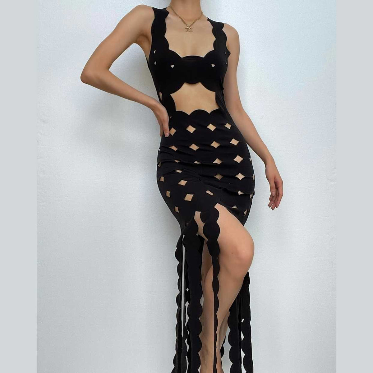 Scalloped Cutout Diamond Pattern High Slit Fringe Hem Sleeveless Maxi Dress