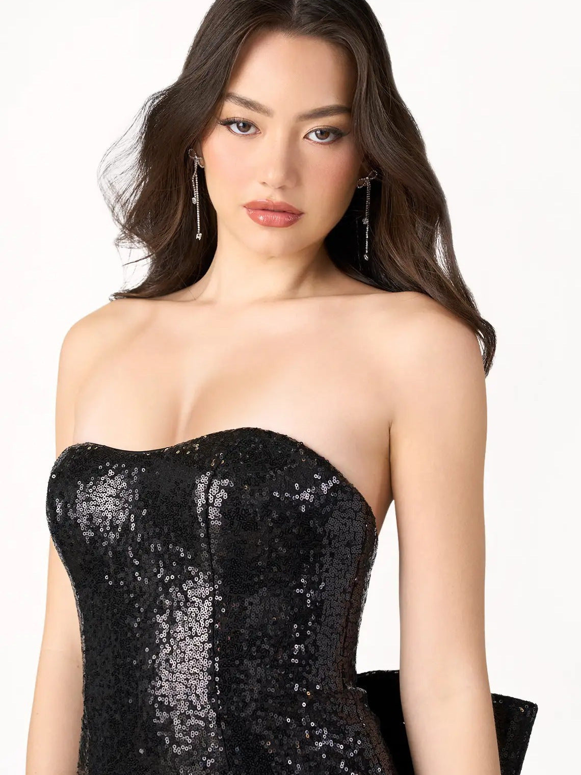 Strapless Sequin Sweetheart Bodice Train Panel Mini Dress