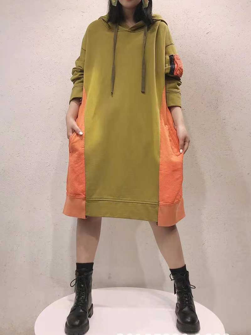 Hooded Color Block Long Sleeve Zip Pocket Midi Sweatshirt Dress