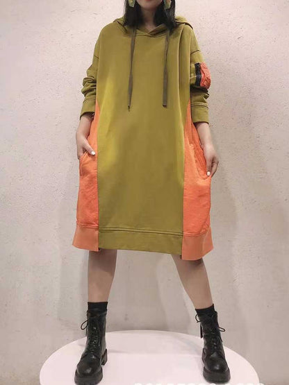 Hooded Color Block Long Sleeve Zip Pocket Midi Sweatshirt Dress