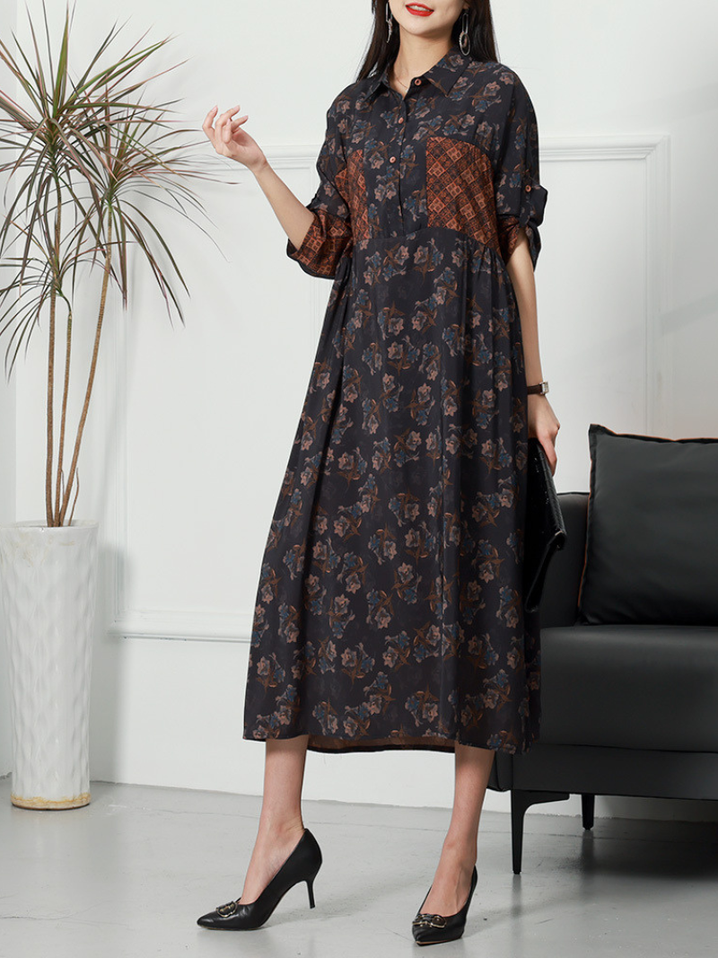 Floral Button Front Shirt Dress With Contrast Geometric Panel Midi Dress