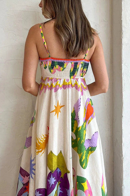 Square Neck Spaghetti Strap Whimsical Print Border Maxi Dress