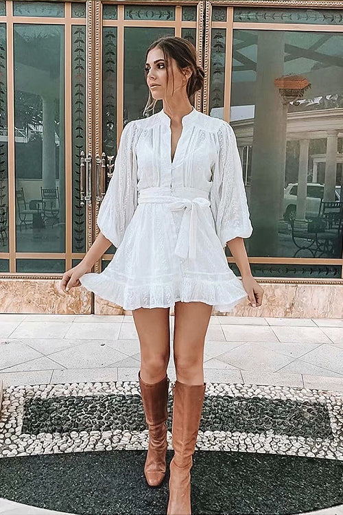 V Neck Long Sleeve Crochet Lace Button Front Belted Babydoll Mini Dress