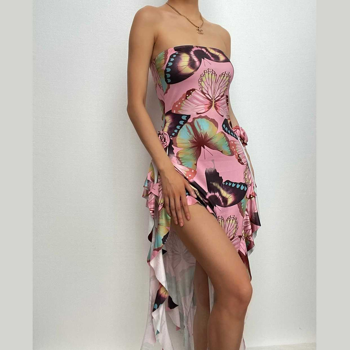 Butterfly Print Ruffle Ribbon Flower Applique Backless Maxi Dress