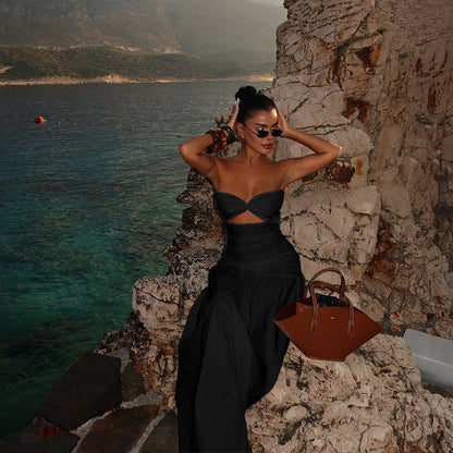Strapless Twist Knot Cutout Ruched Tiered Maxi Dress
