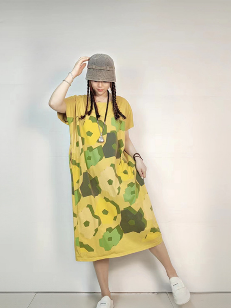 Crew Neck Short Sleeve Abstract Floral Loose Midi Dress