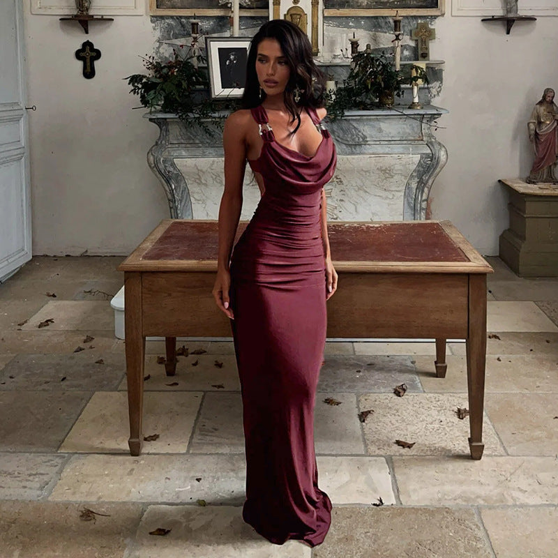 Spaghetti Strap Ruched Drape Side Slit Column Maxi Dress