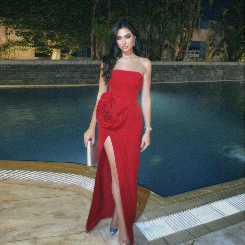 Strapless Sweetheart Rosette Applique High Slit Column Maxi Dress