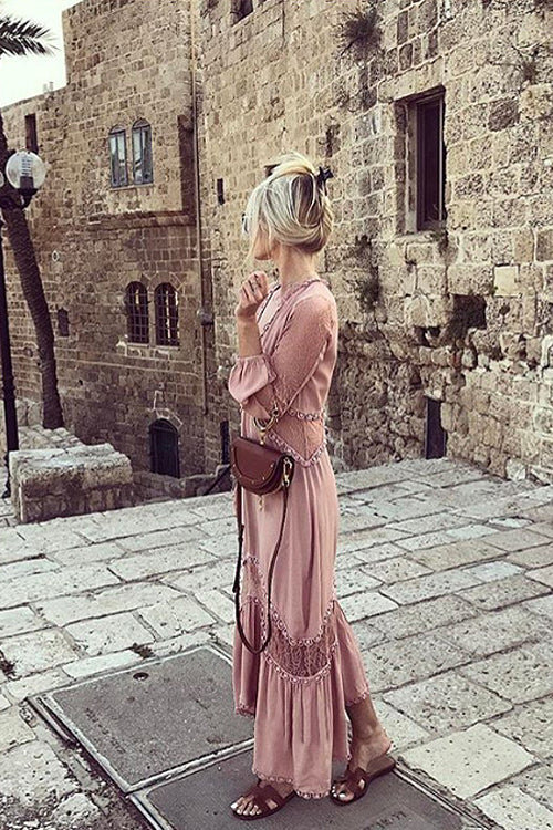 Deep V-Neck Long Sleeve Lace Panel Tiered Pom Trim Maxi Dress