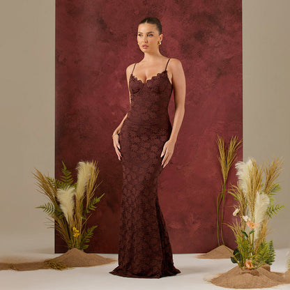 Sweetheart Neck Scalloped Lace Spaghetti Strap Mermaid Maxi Gown