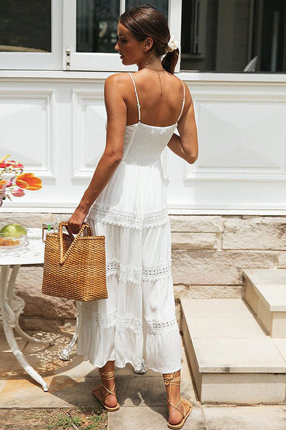 Spaghetti Strap Tie Front Crochet Tier Boho Maxi Dress