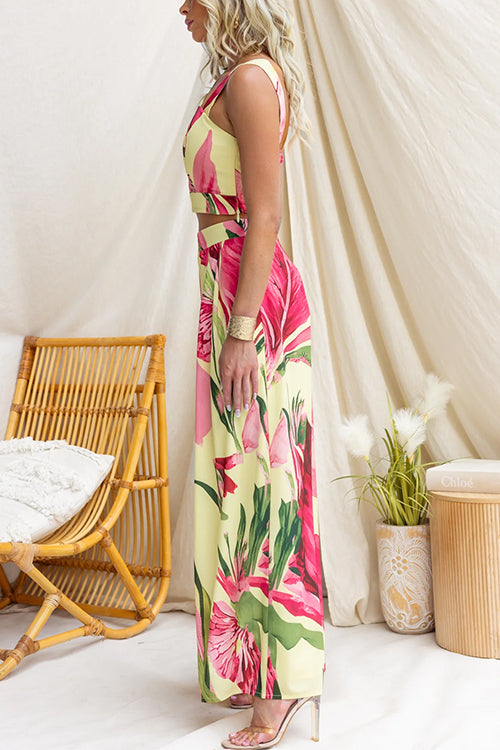 Sleeveless Crop Top and Wide Leg Pants Printed Set