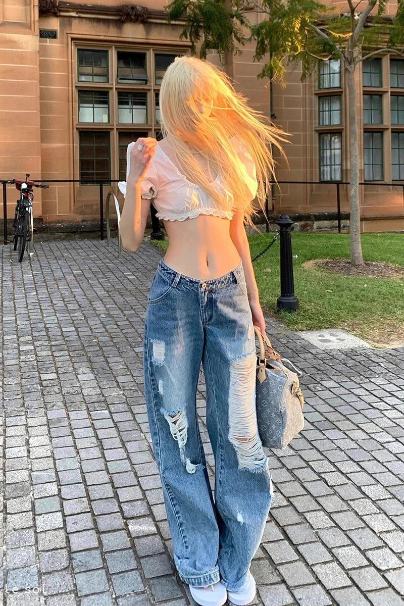 Street Style Ripped Loose Fit Wide-Leg Jeans
