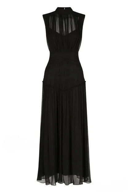 Sleeveless Mock Neck Pleated Waistband Chiffon Maxi Dress