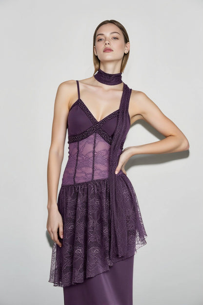 Lace Waist Sheer Overlay Tiered Scarf Neck Maxi Dress