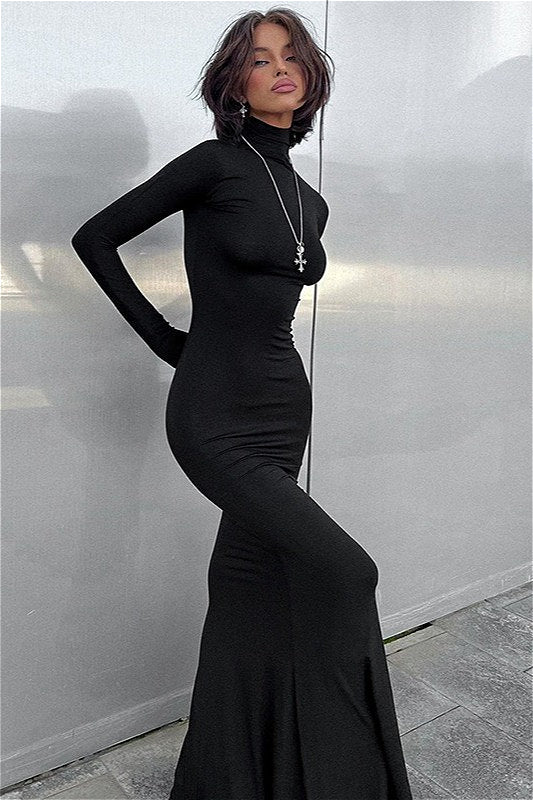 Solid Color High Neck Long Sleeve Maxi Dress