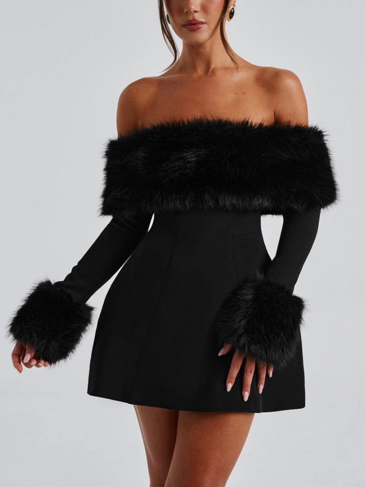 Off Shoulder Faux Fur Trim Long Sleeve Structured Mini Dress