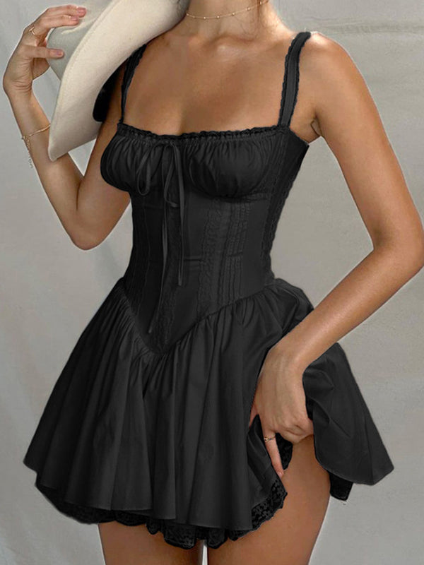 Square Neck Milkmaid Corset Basque Waist Ruffle Lace Trim Mini Dress