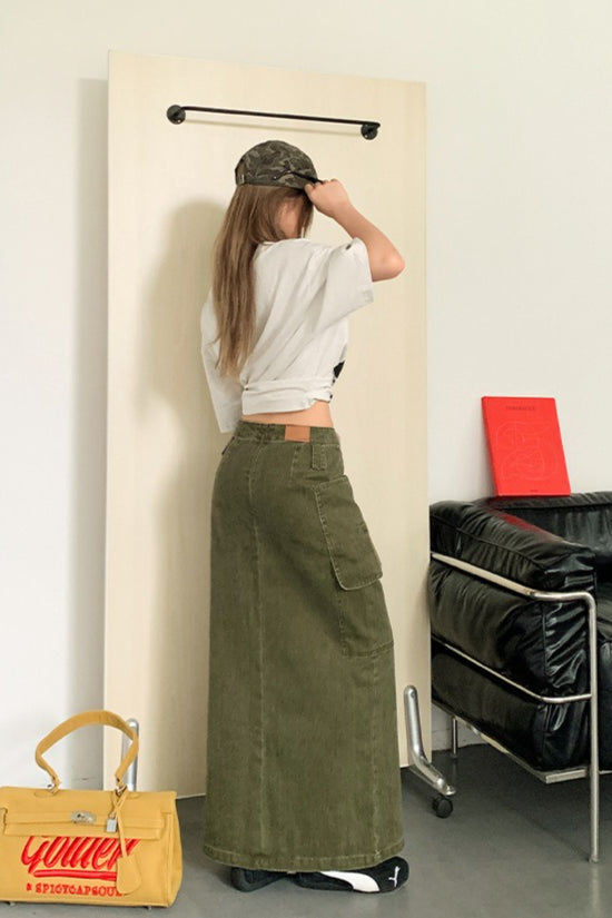 American Utility Denim Slit Midi Skirt