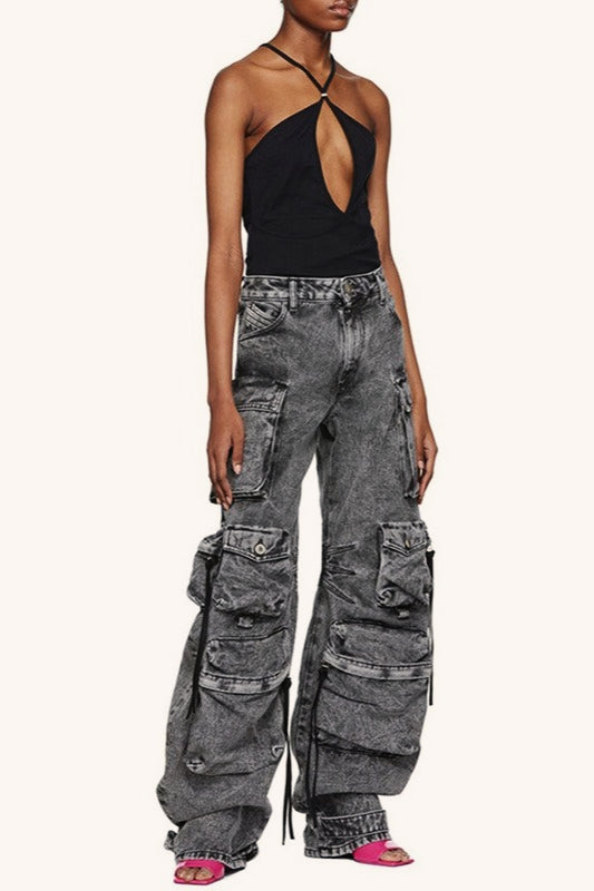 Street Style Washed Gray Patchwork Multi Pocket Cargo Wide Leg Pants