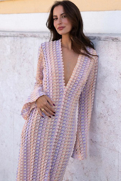 Deep V-Neck Bell Sleeve Geometric Crochet Knit Front Slit Maxi Dress