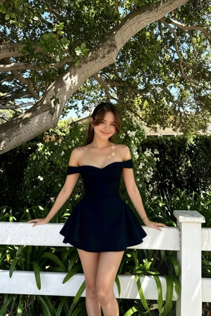 Off Shoulder Velvet Trim Corset Pleated Fit Flare Mini Dress