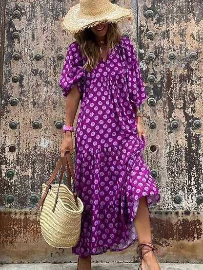Harlequin Diamond Print Deep V Neck Puff Sleeve Tiered Maxi Dress