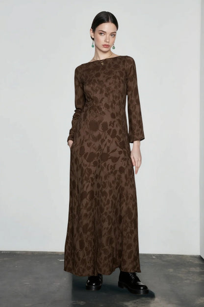 Boat Neck Long Sleeve Tonal Floral Print A-Line Maxi Dress