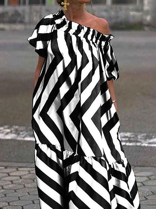 One-Shoulder Ruffle Neckline Chevron Stripe Tiered Maxi Dress