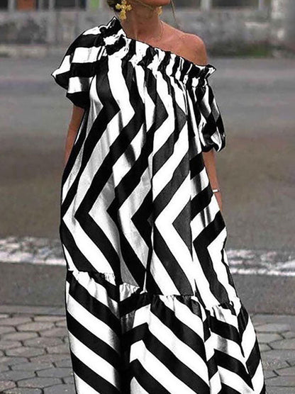 One-Shoulder Ruffle Neckline Chevron Stripe Tiered Maxi Dress