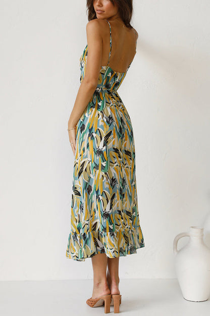 Abstract Print Spaghetti Strap V-Neck Drawstring Waist Tiered Ruffle Midi Dress