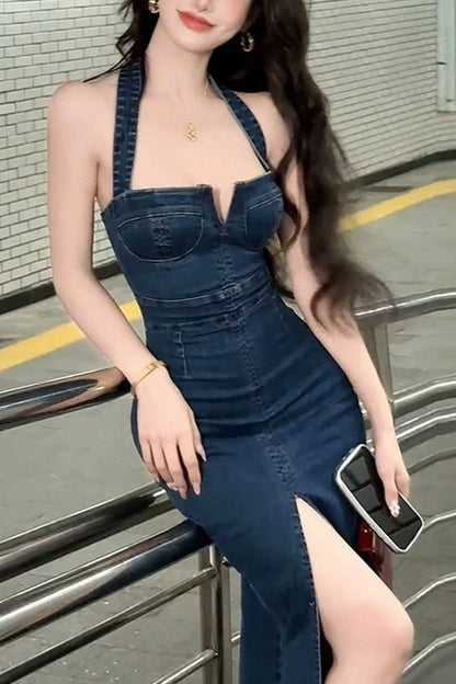 Halter Split Maxi Denim Dress