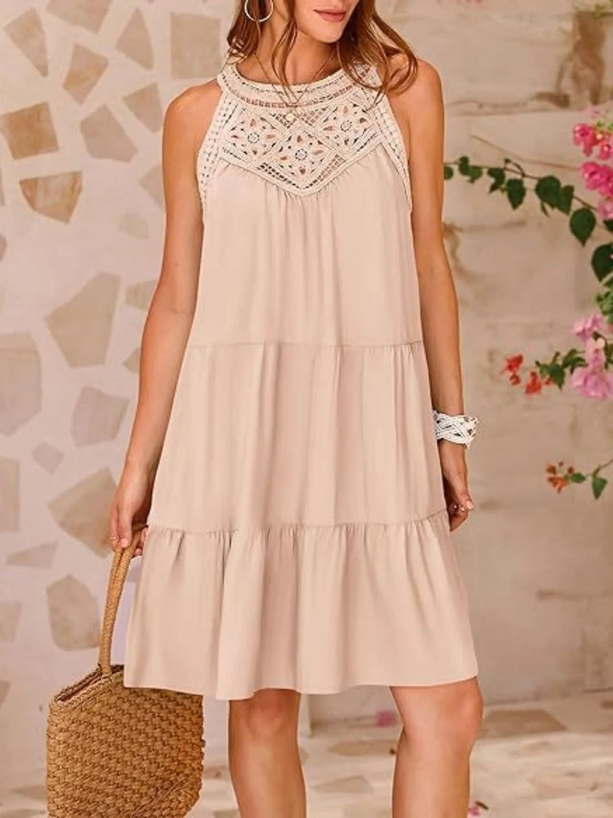 Crochet Lace Halter Neck Tiered Ruffle Mini Dress