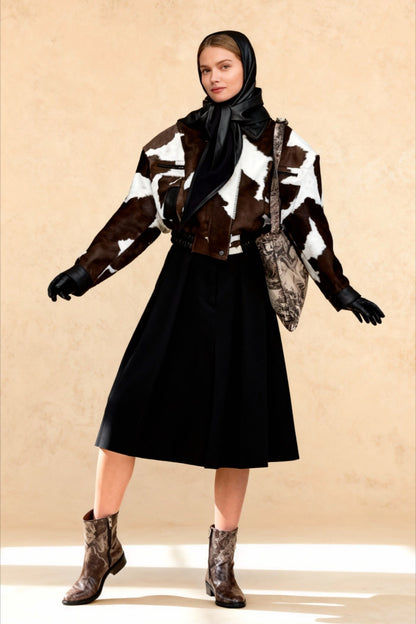 Cow Print Faux Leather Notch Collar Coat