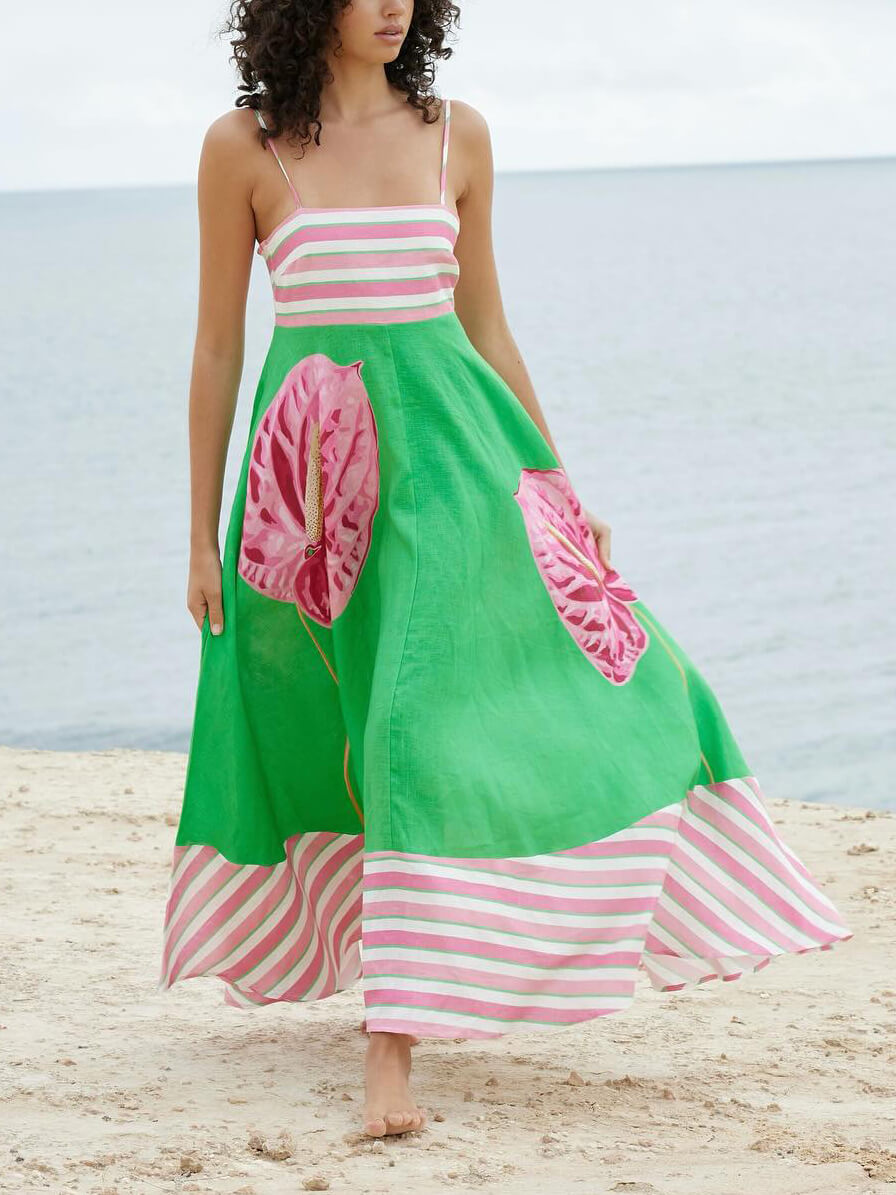Paneled Stripe Floral Print Spaghetti Strap Square Neck A-Line Maxi Dress