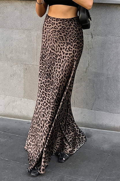 Satin Leopard Print A-Line Maxi Skirt