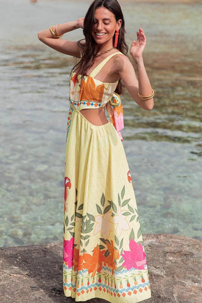 Elegant Floral Print Cutout Tie Maxi Dress