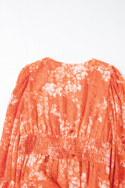 Floral Print Smocked Waist V-Neck Bishop Sleeve Tiered Maxi Dress