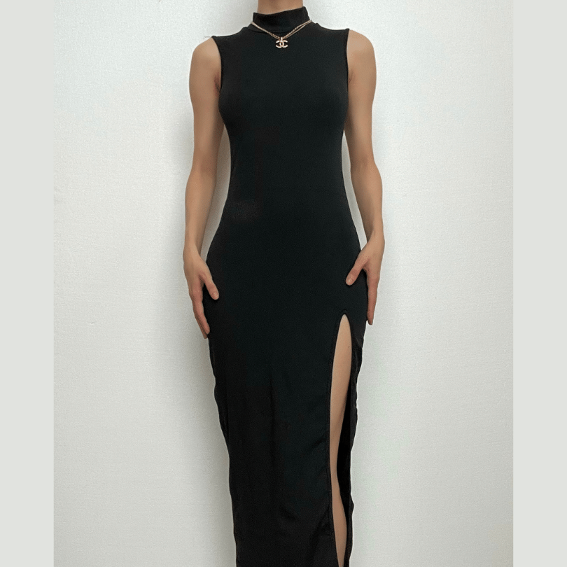 High Neck Sleeveless Side Slit Bodycon Maxi Dress