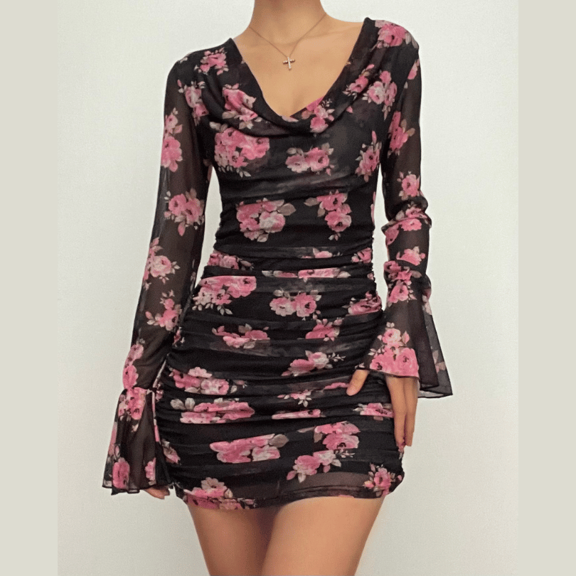 Cowl Neck Floral Mesh Long Sleeve Bell Cuff Ruched Bodycon Mini Dress