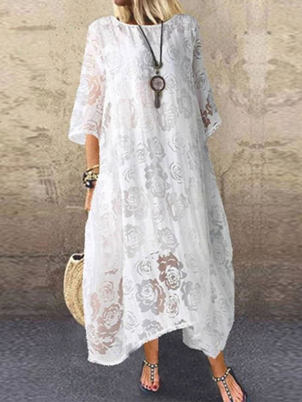 Round Neck Half Sleeve Floral Jacquard Overlay Sheer Maxi Dress