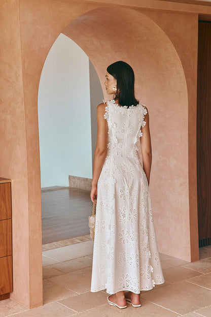 Floral Eyelet Embroidery Scalloped Lace Trim Tie Waist Maxi Dress