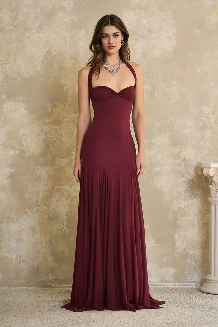 Halter Neck Sweetheart Ruched Bodice Pleated Skirt Floor Length Gown