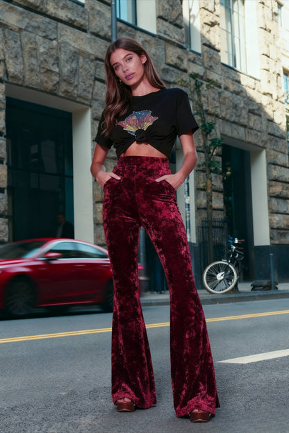 High Waist Velvet Wide Leg Velour Flare Pants
