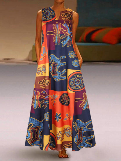 Deep V Neck Sleeveless Folk Art Patchwork Print Floor Length Maxi Dress